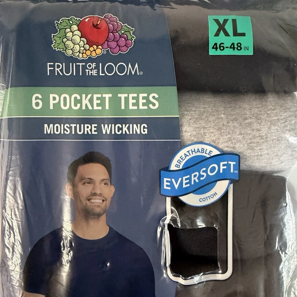 6 Fruit Of The Loom XL 46-48 Black Gray Pocket T-Shirts Moisture Wicking Cotton - Picture 2 of 7